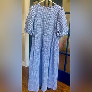 Puff Sleeve Blue Gingham Seersucker Maxi Dress